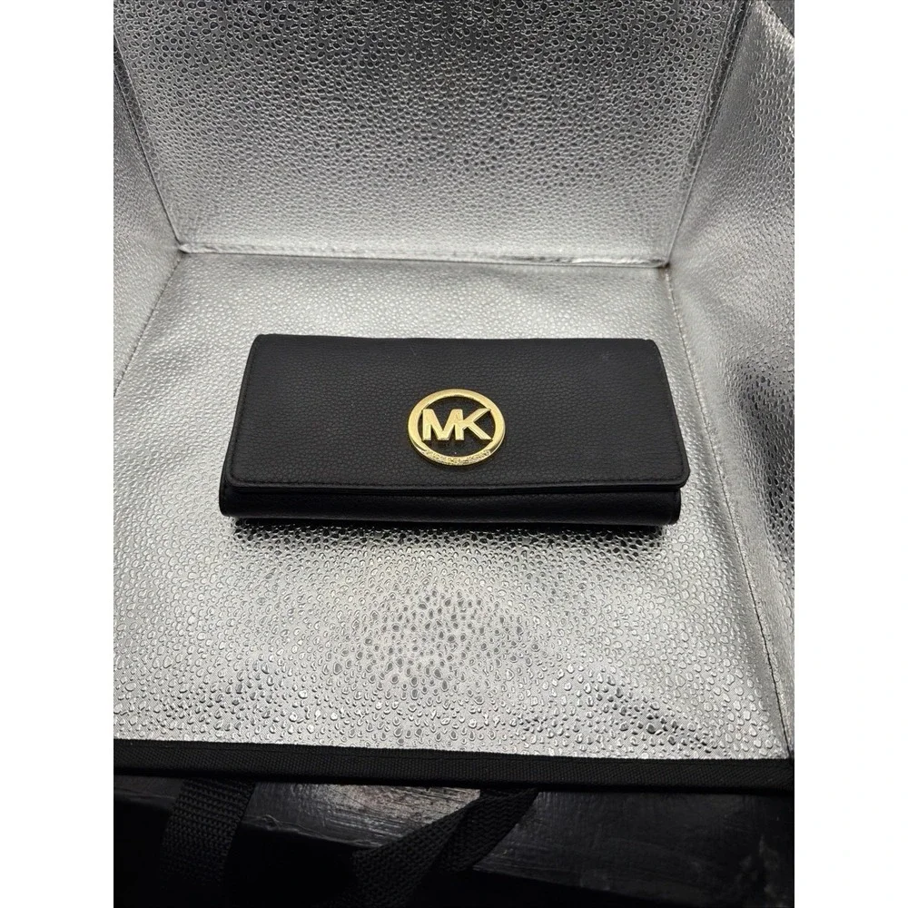 MICHAEL KORS MK‎ Fulton Gusset Carryall Black Pebble Leather Envelope Wallet